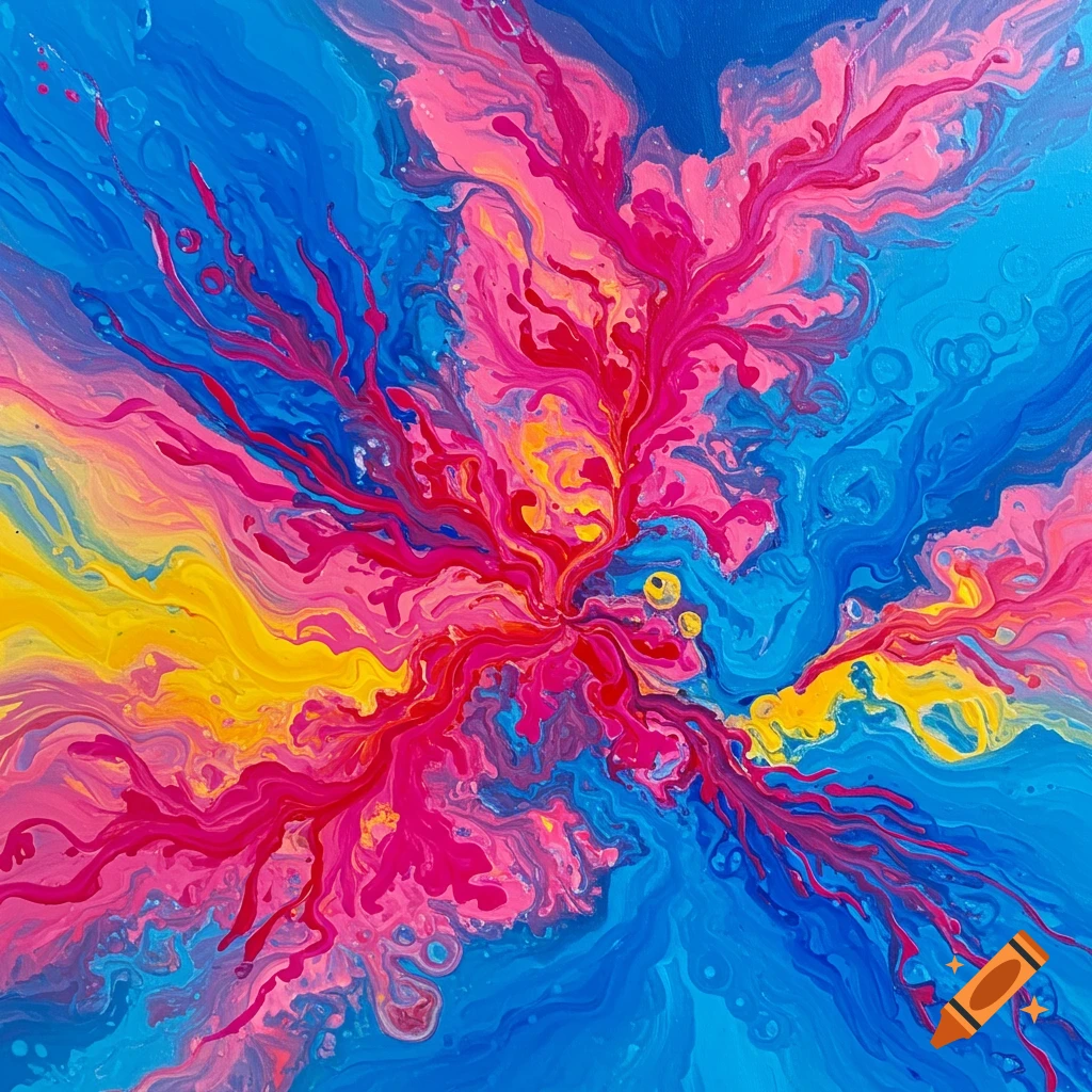 Abstract painting with swirling bright pink, yellow, and blue colors bursting from the center.