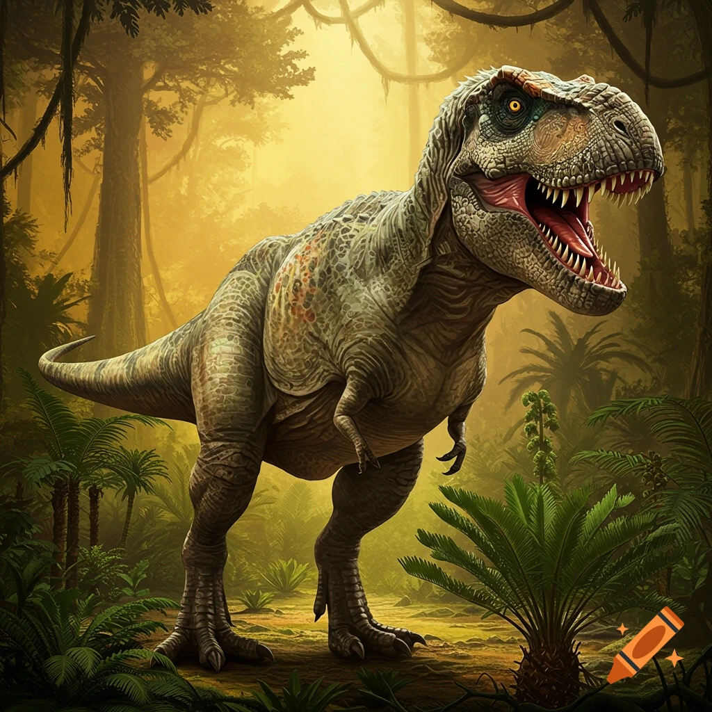 A Tyrannosaurus Rex roaring in a lush jungle environment.