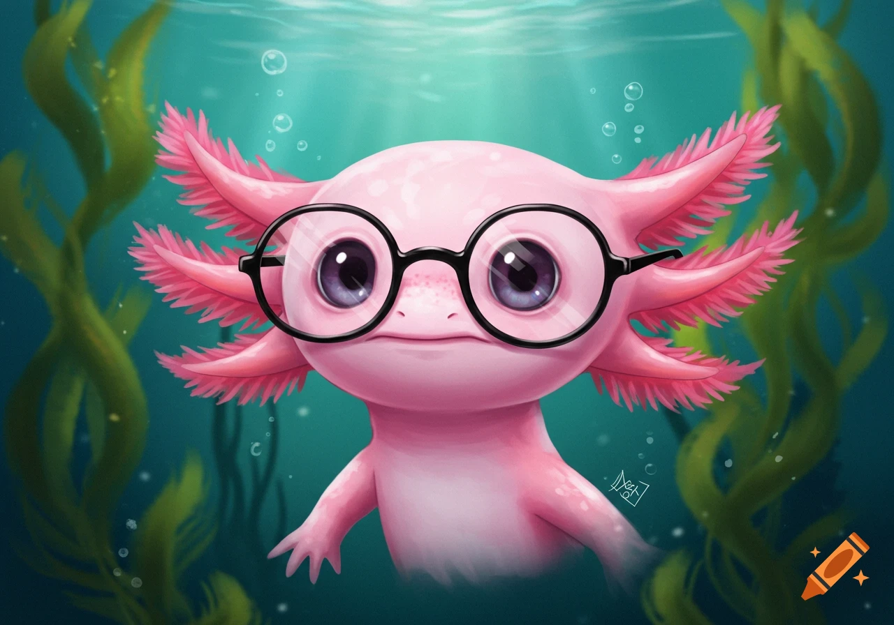 Cute pink axolotl wearing round glasses underwater with green plants.
