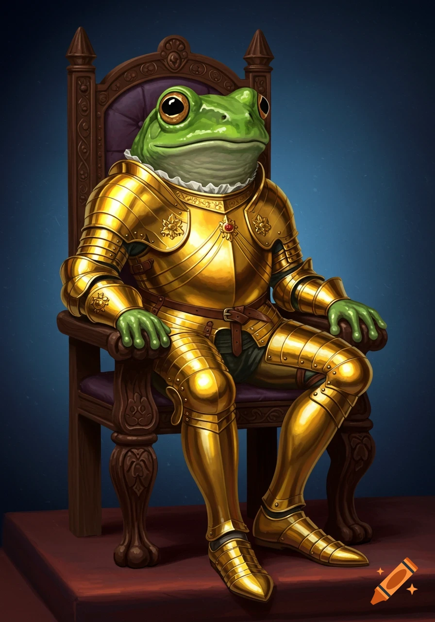 A frog wearing golden armor sits on a large wooden throne.
