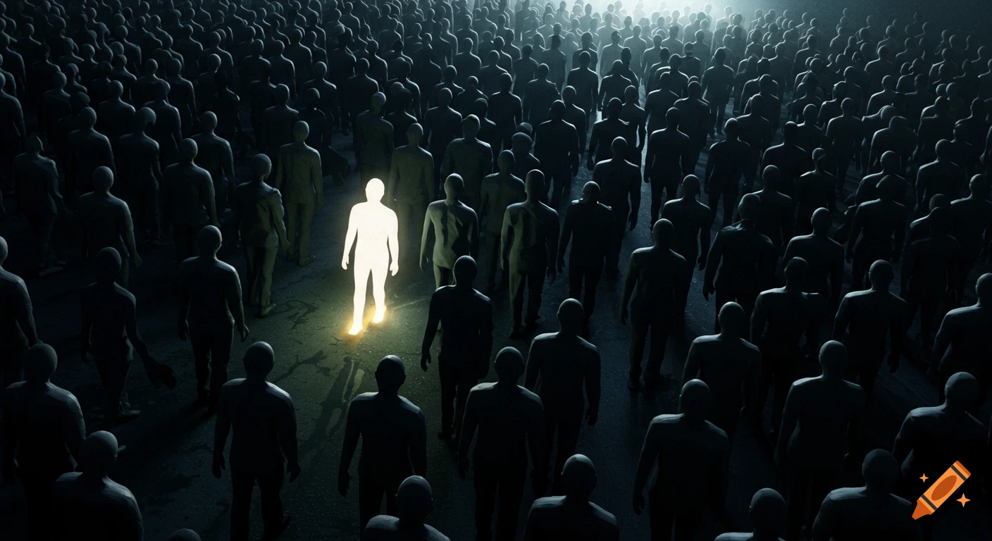 Abstract of a single glowing figure walking against a dark crowd.