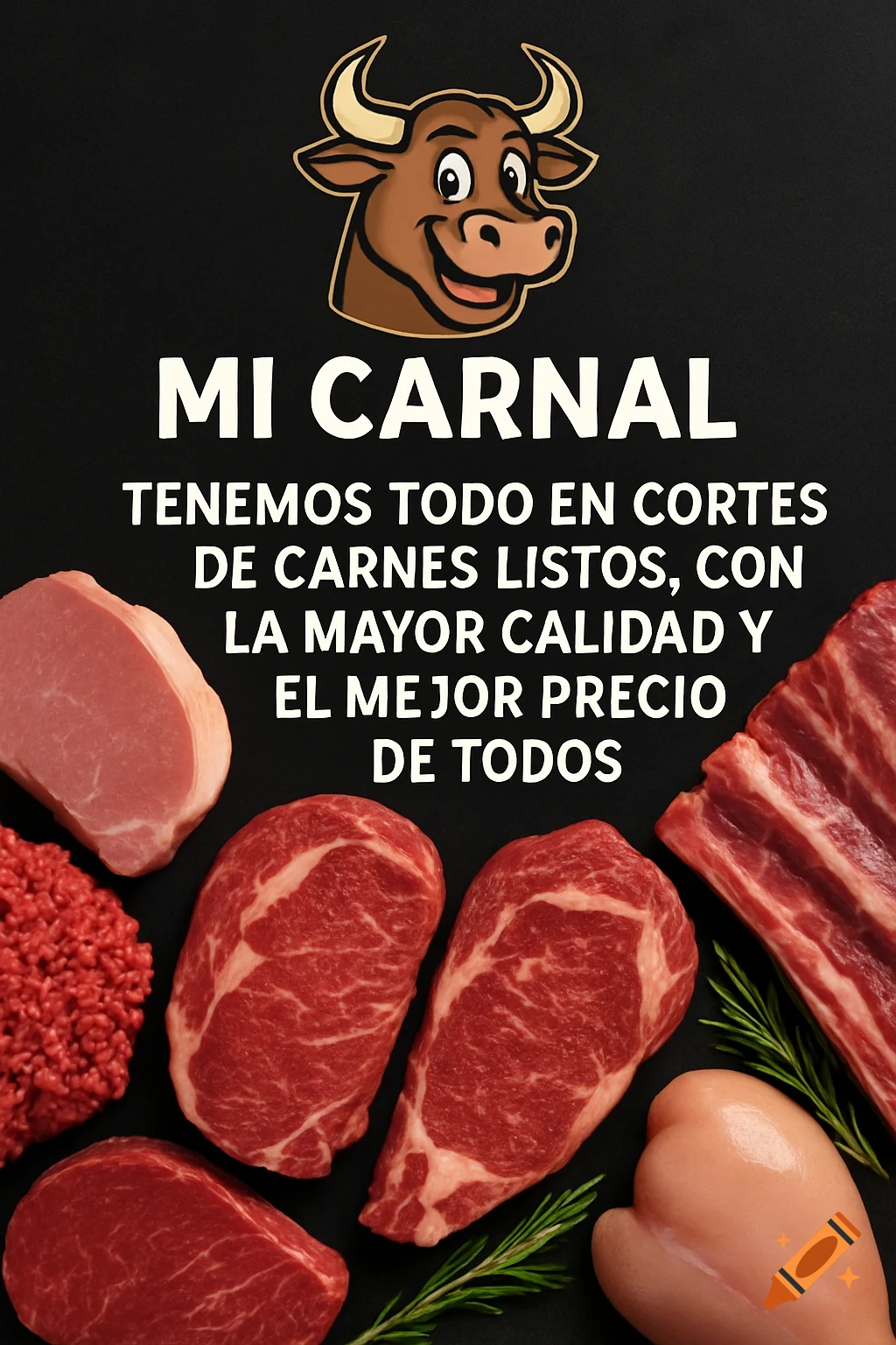 Cartoon bull logo and text 'MI CARNAL' above various raw meat cuts on a dark background, promoting a meat business.