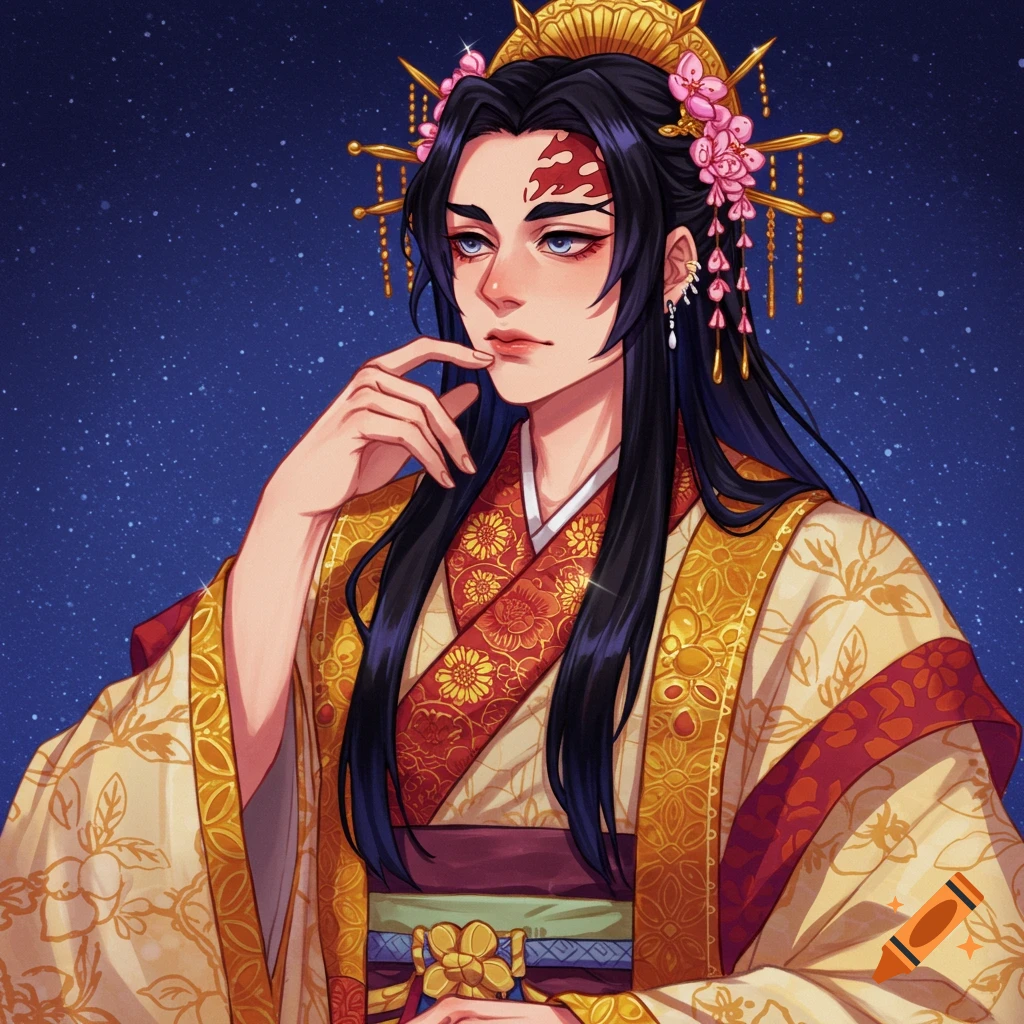 A person in elaborate traditional or fantasy clothing and headdress against a starry background.