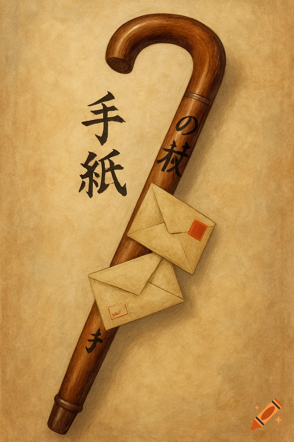 A wooden cane with Japanese characters on it, leaning against a textured background with two envelopes resting against it.