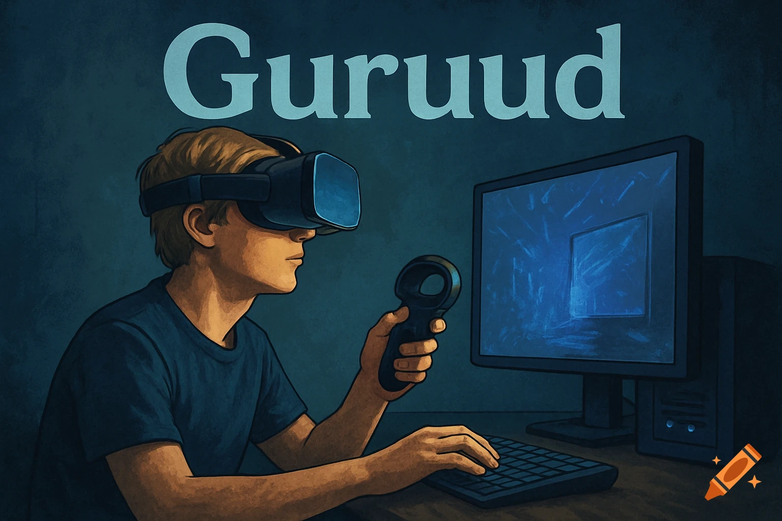 A person wearing a VR headset, holding a controller, sitting at a computer. Text reads Guruud.