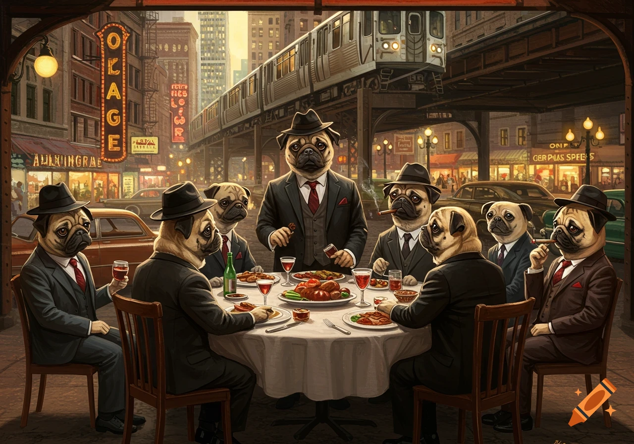 Pugs in suits having dinner at an outdoor table on a city street with an elevated train above.