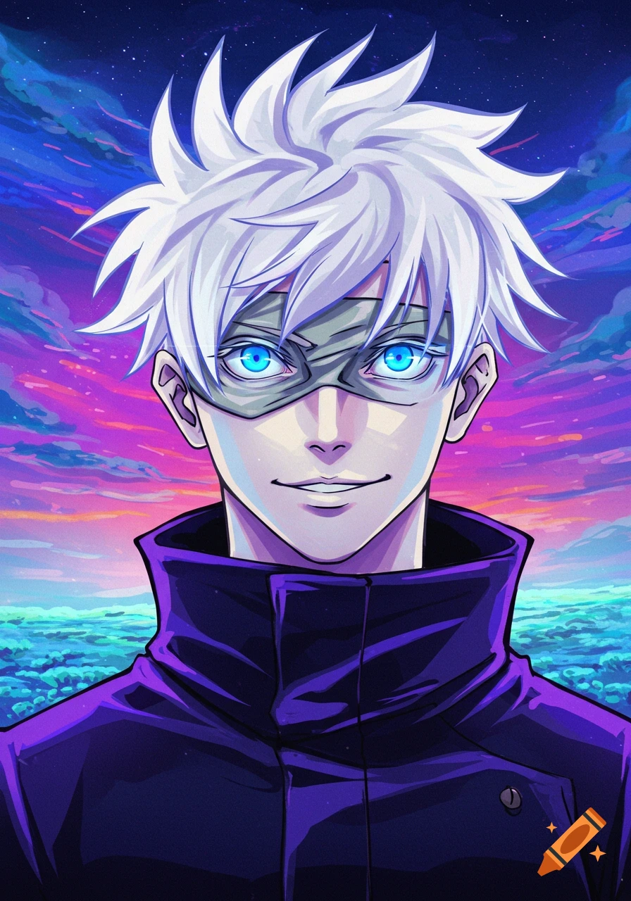 An anime character with white hair, blue eyes, and a blindfold, wearing a dark coat against a vibrant sky.