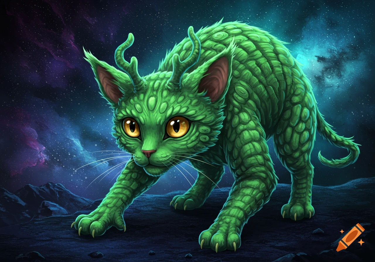 A green alien cat creature with horns in space.
