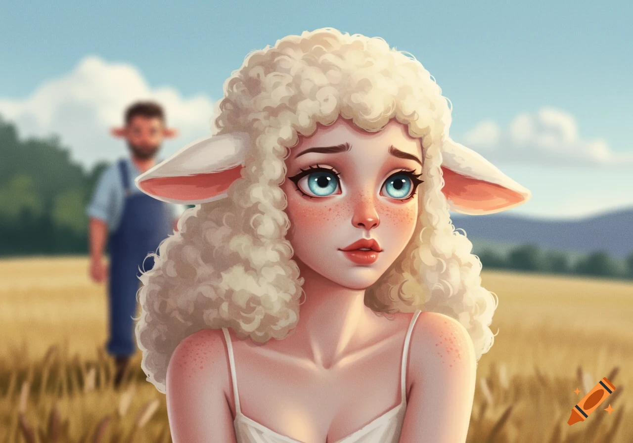 Cartoon demihuman girl with sheep ears in a farm field with a blurry farmer in the background.