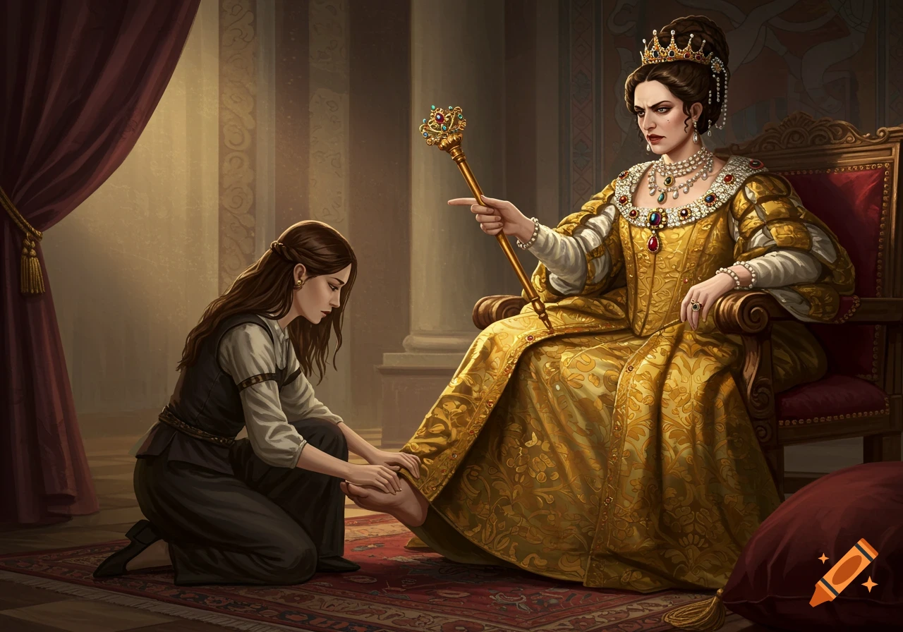 A stern queen is seated on a throne, being given a foot rub by a kneeling woman.
