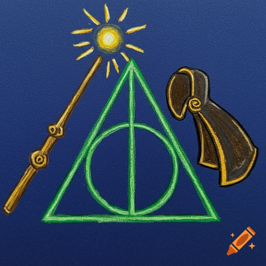Crayon drawing of the Deathly Hallows symbol, a wand, and a hooded cloak.