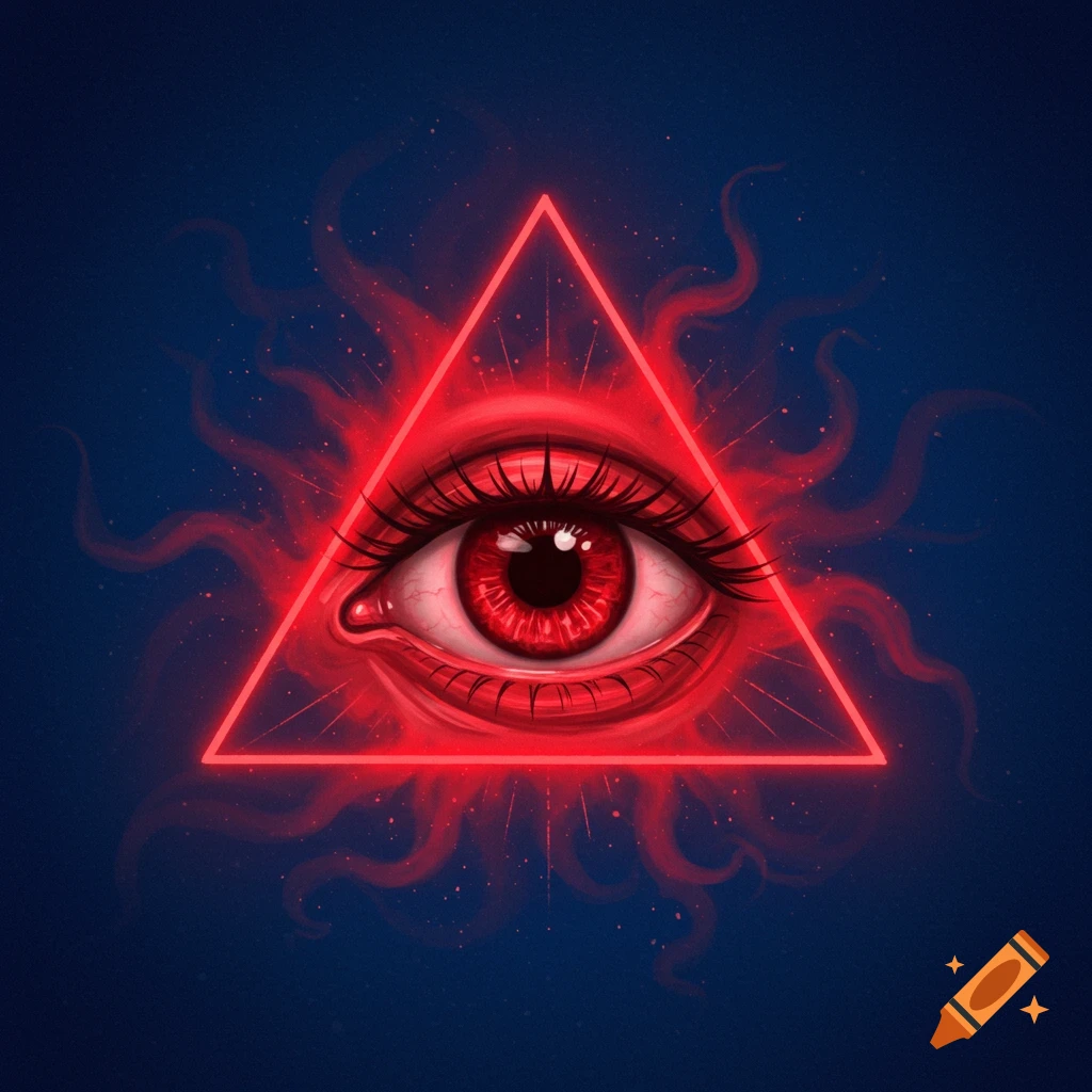 A glowing red eye within a triangle symbol on a dark background.