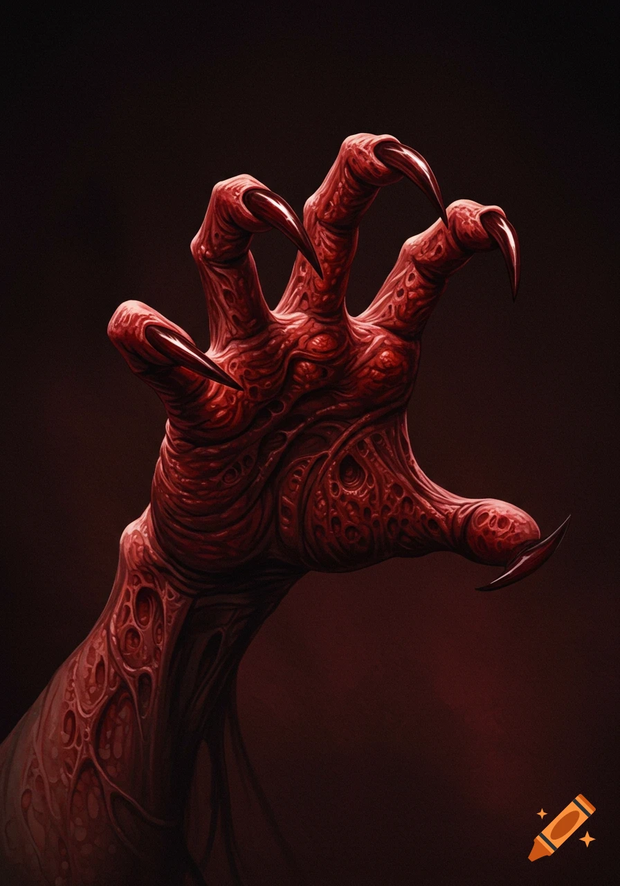 A monstrous red hand with long claws is shown against a dark background.