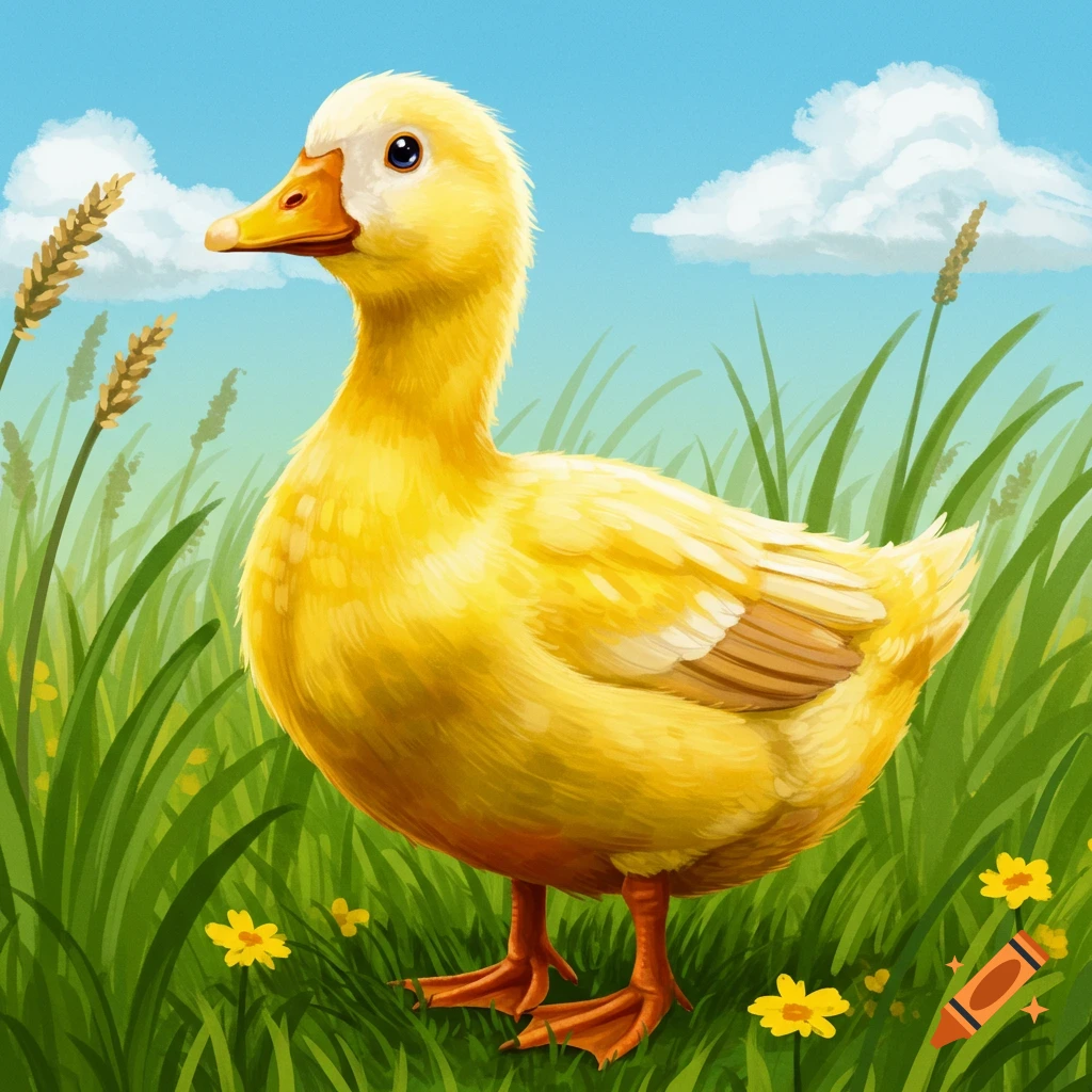 A yellow duckling stands in tall green grass under a blue sky.