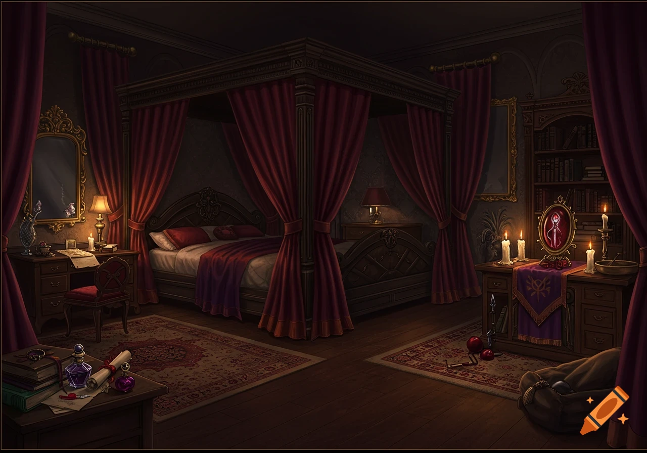 Dark, ornate gothic bedroom with a four-poster bed, desk, dresser, and bookcase.