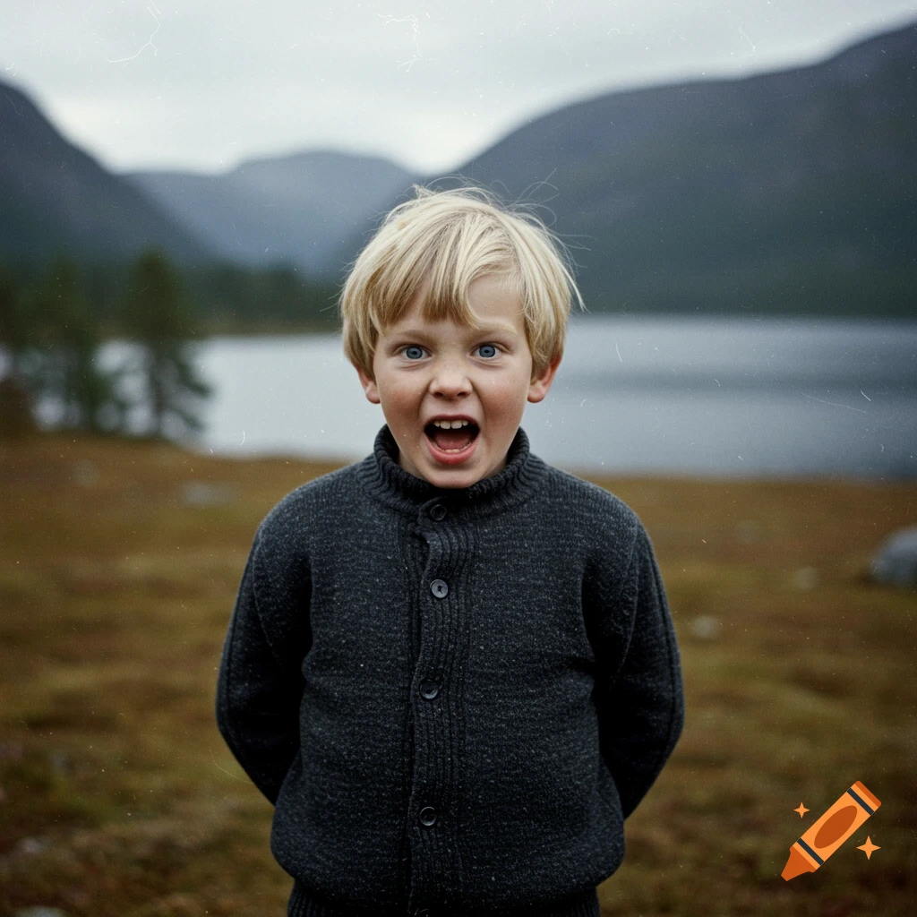 Vintage photo of a blond boy making a funny face outdoors near a lake and mountains
