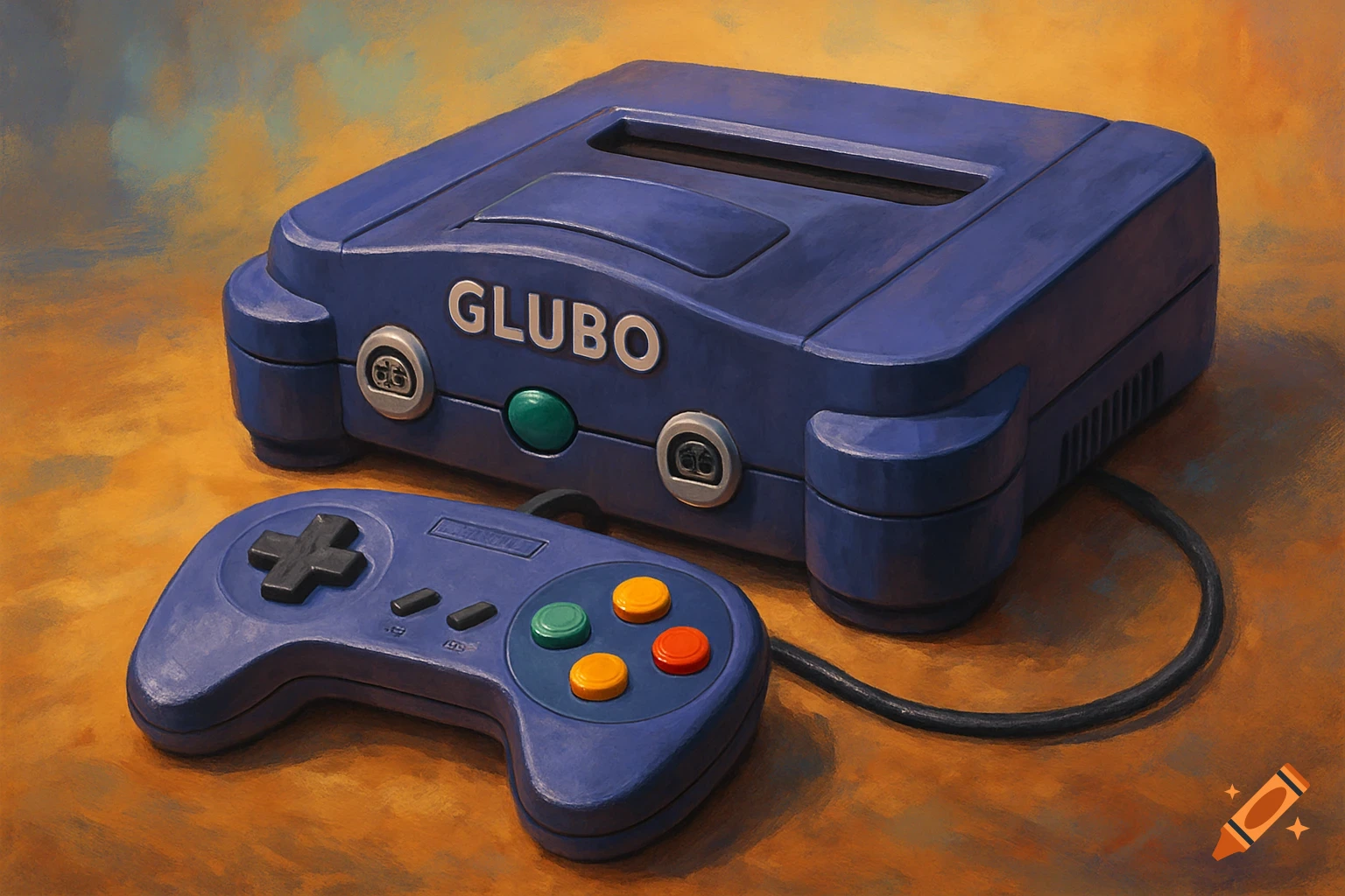 A purple Glubo gaming console and controller sit on a table.