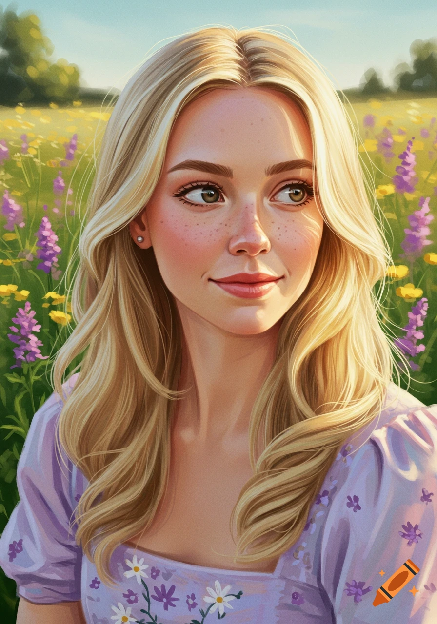 A blonde woman with freckles in a field of purple and yellow flowers.