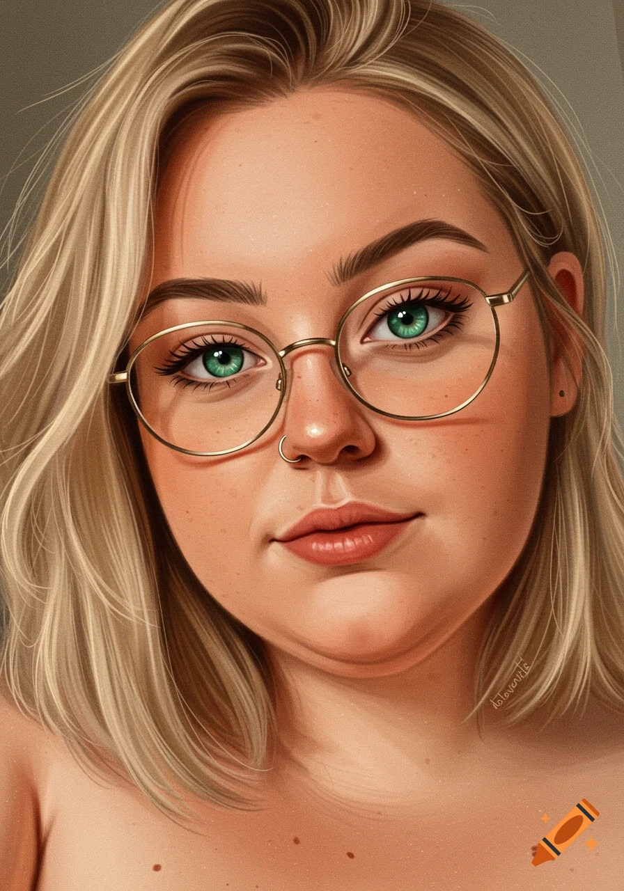 A portrait of a woman with blonde hair, green eyes, and glasses.