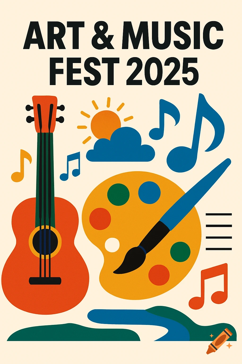 Vector illustration poster for Art & Music Fest 2025 with guitar, paint palette, and music notes