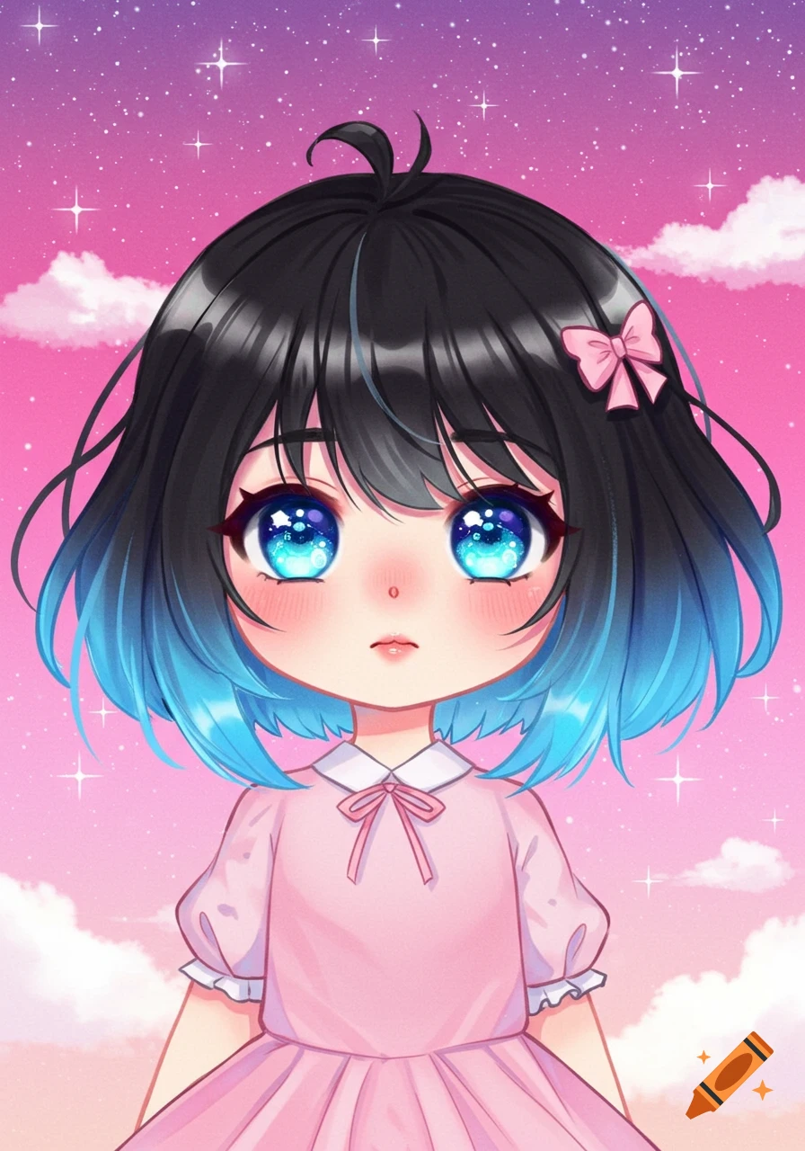 Cute anime girl with black to blue hair and blue eyes against a starry pink sky