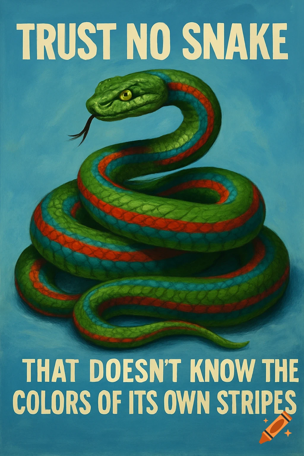 a green snake with red and blue stripes and the text 'Trust no snake that doesn't know the colors of its own stripes'