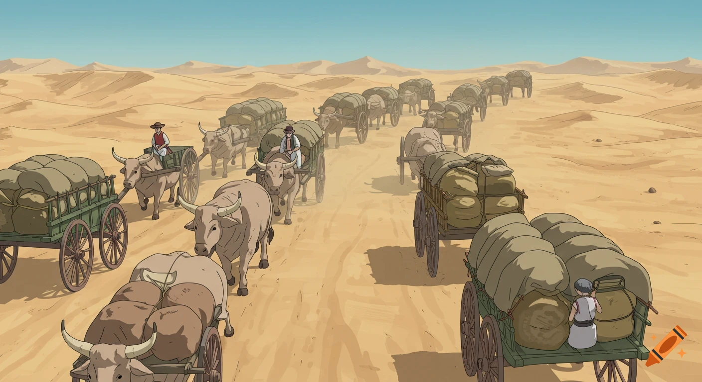 A caravan of bullock carts carrying goods travels through a desert, in Studio Ghibli style.