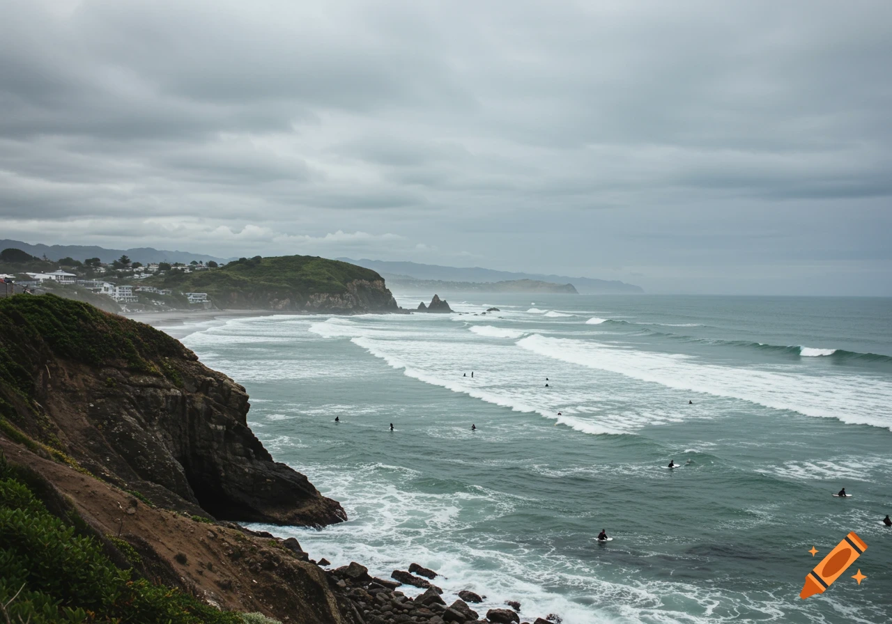 A view of surfers in the ocean near a rocky coastline with buildings in the distance under cloudy skies.