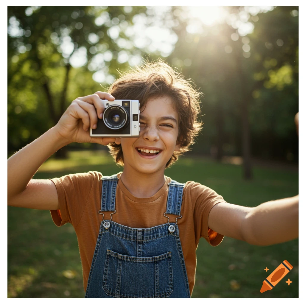 Smiling boy takes a selfie with a vintage camera in a sunny park.