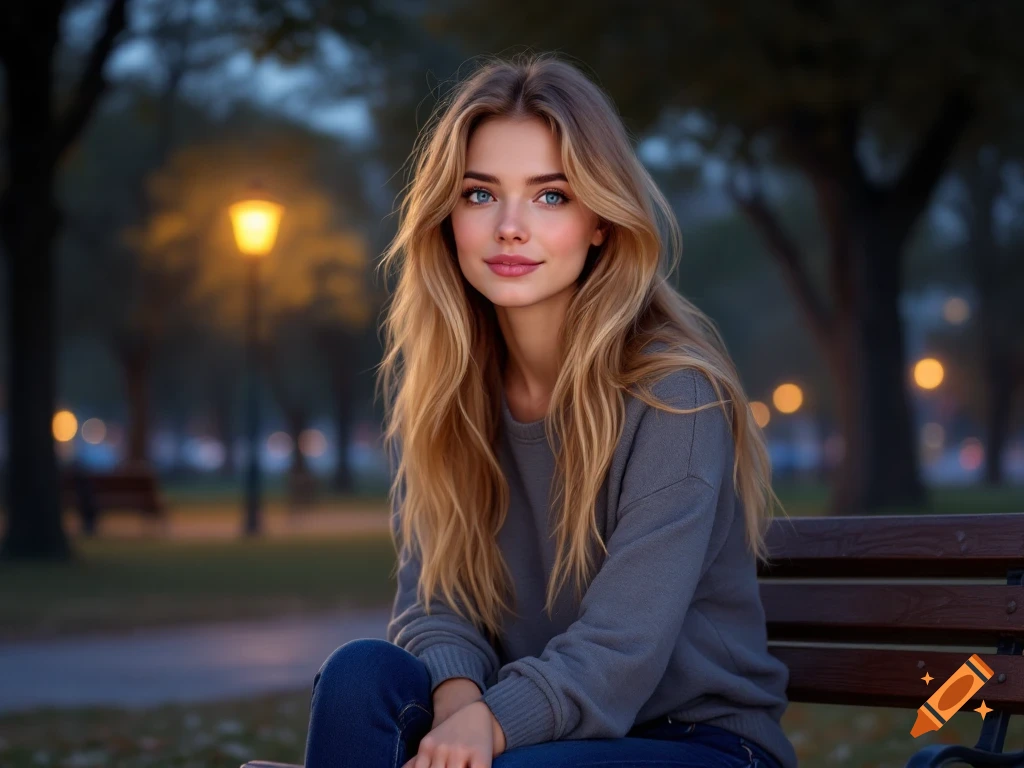 A young woman with blonde hair sits on a park bench at dusk.
