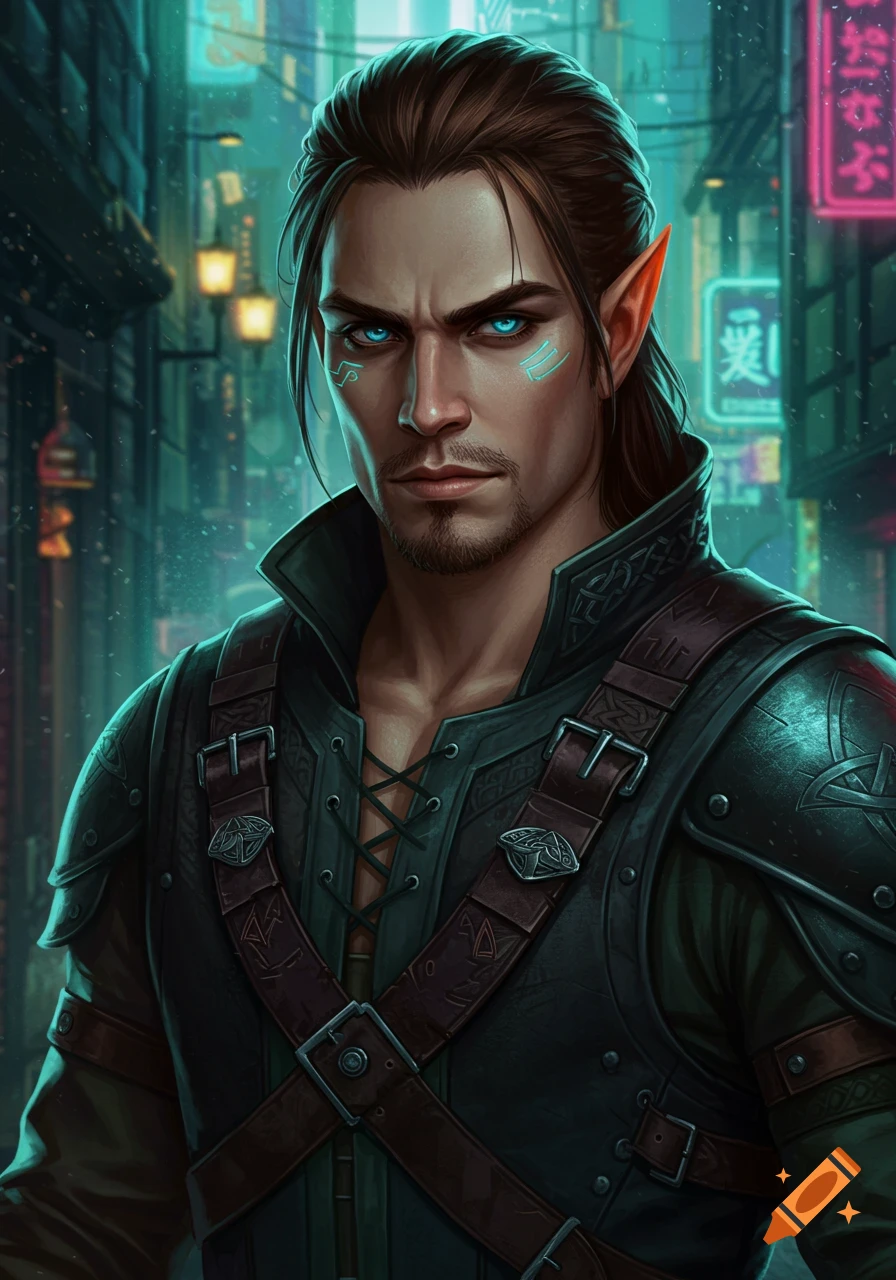 A male elf in leather armor with glowing markings, in a neon city.
