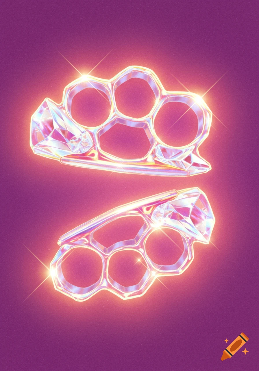Two sparkling crystal brass knuckles float on a purple background.