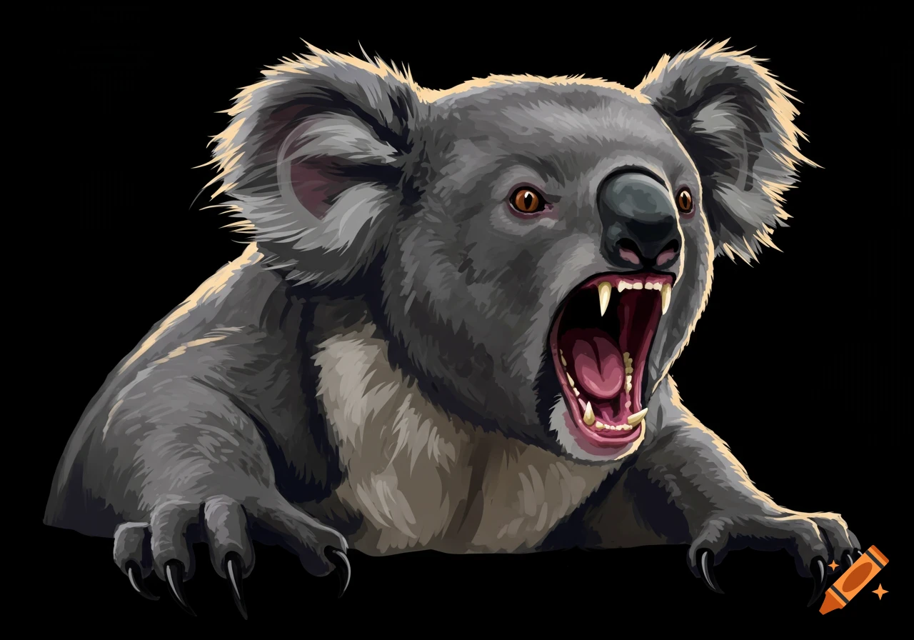 A roaring koala bear with sharp teeth and claws on a black background.