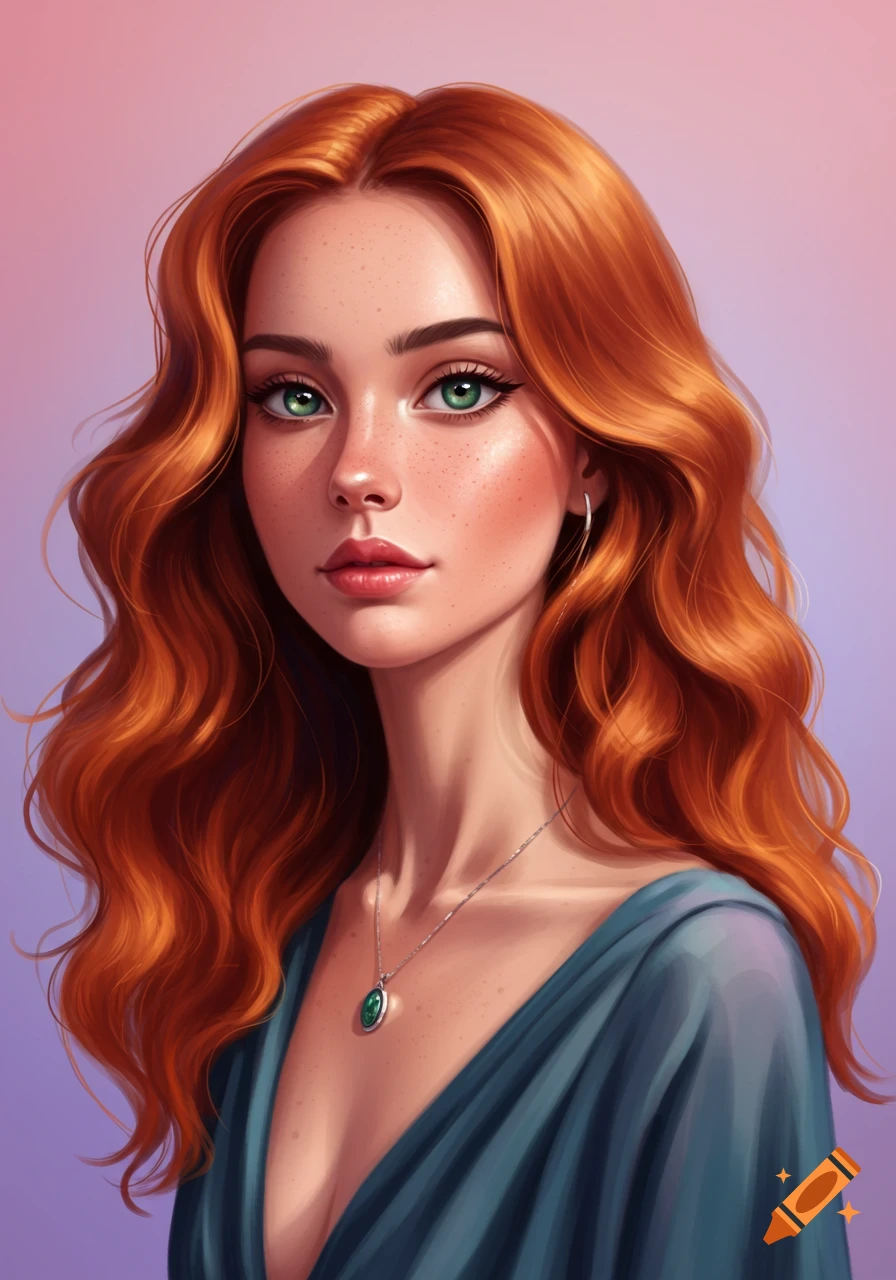 A woman with red hair and green eyes