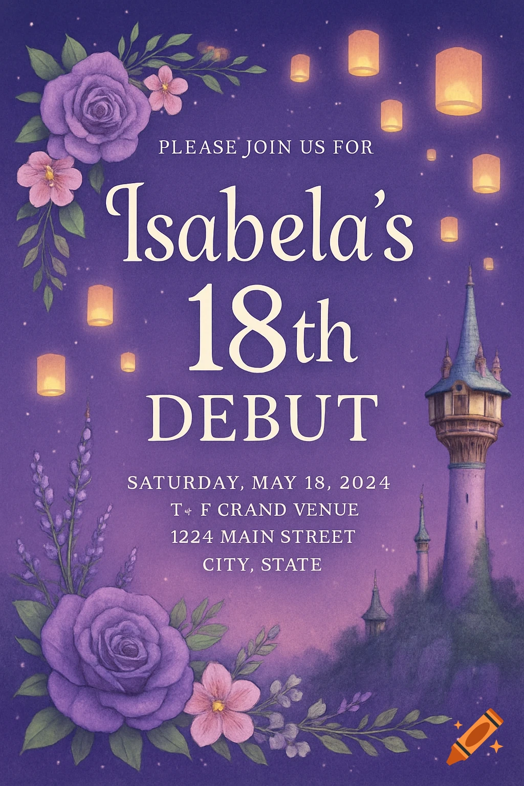 Purple invitation with flowers, floating lanterns, and a fantasy tower.