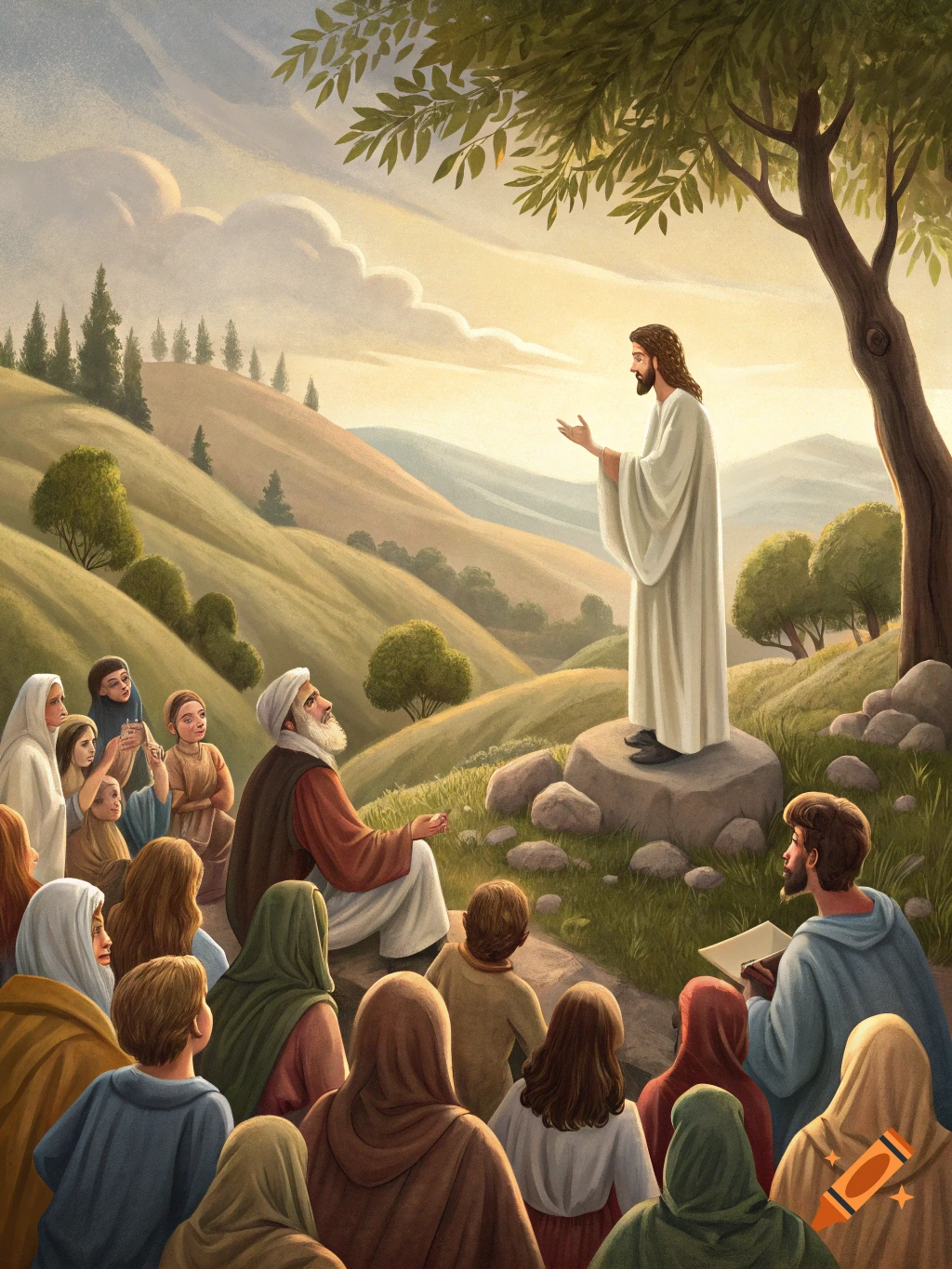 Jesus preaches to a crowd of people on a hillside under a tree.