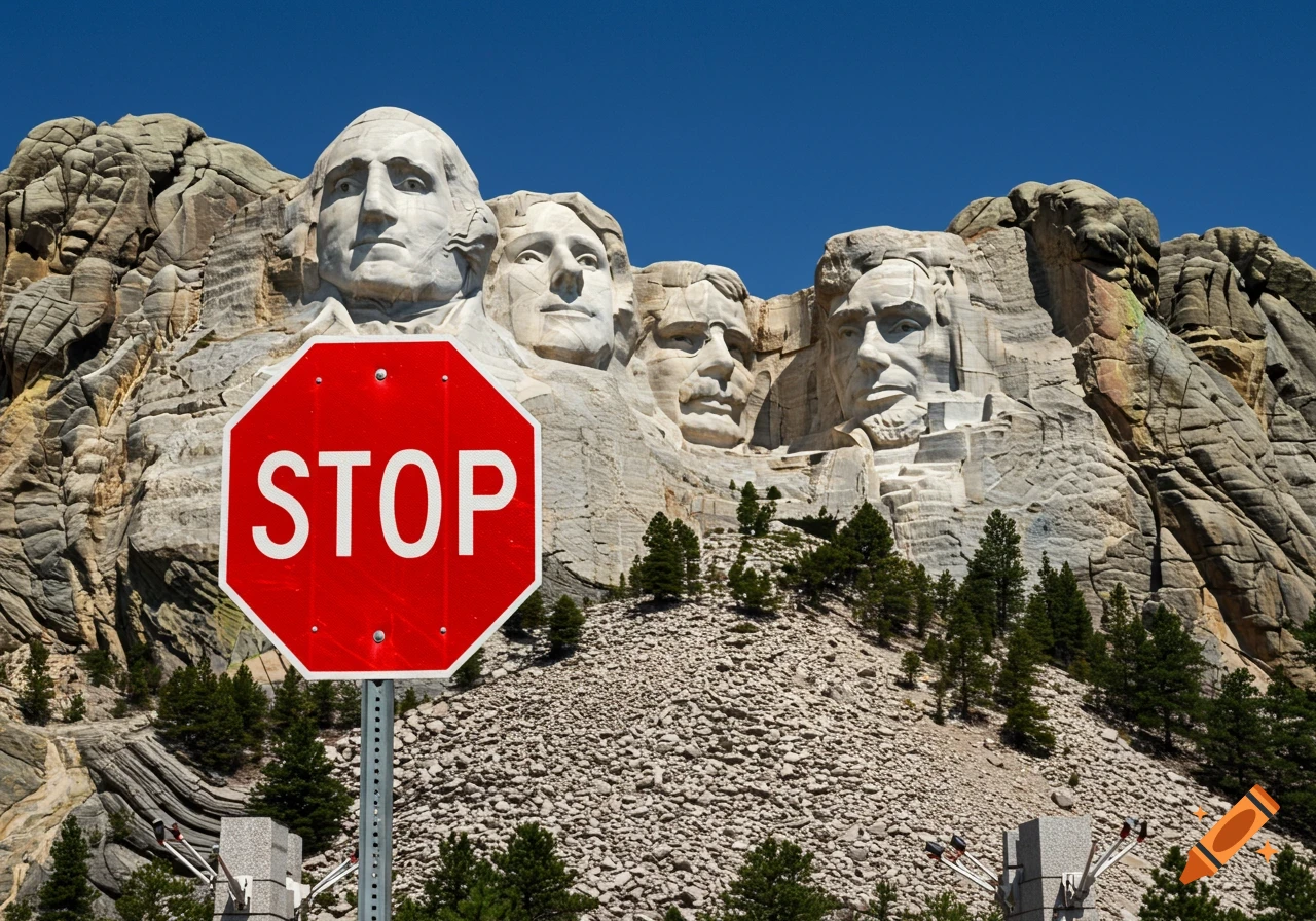 A stop sign in front of the carved faces of Mount Rushmore