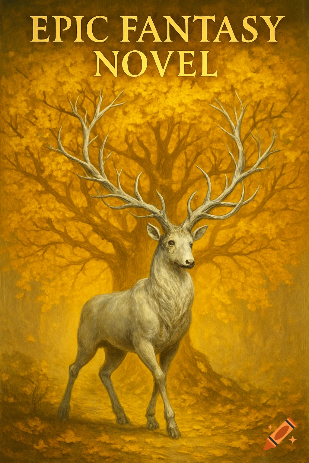 Book cover with a white stag and a golden tree titled EPIC FANTASY NOVEL