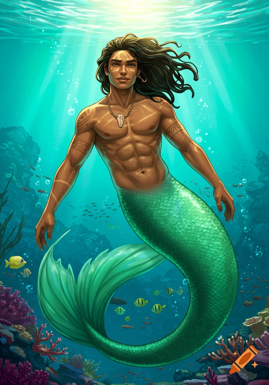 A Polynesian and Indian merman with a green tail swimming underwater amidst fish and coral.