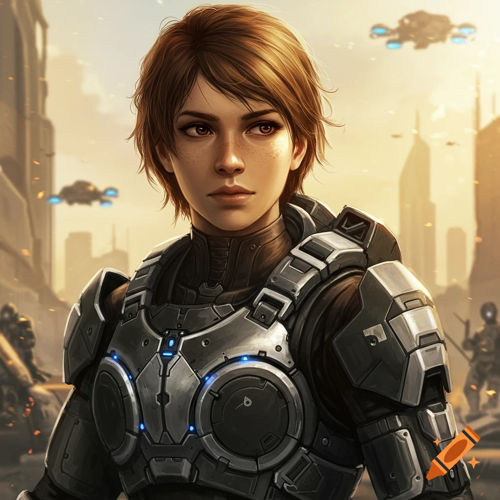 A female soldier in black and silver armor in a futuristic city.