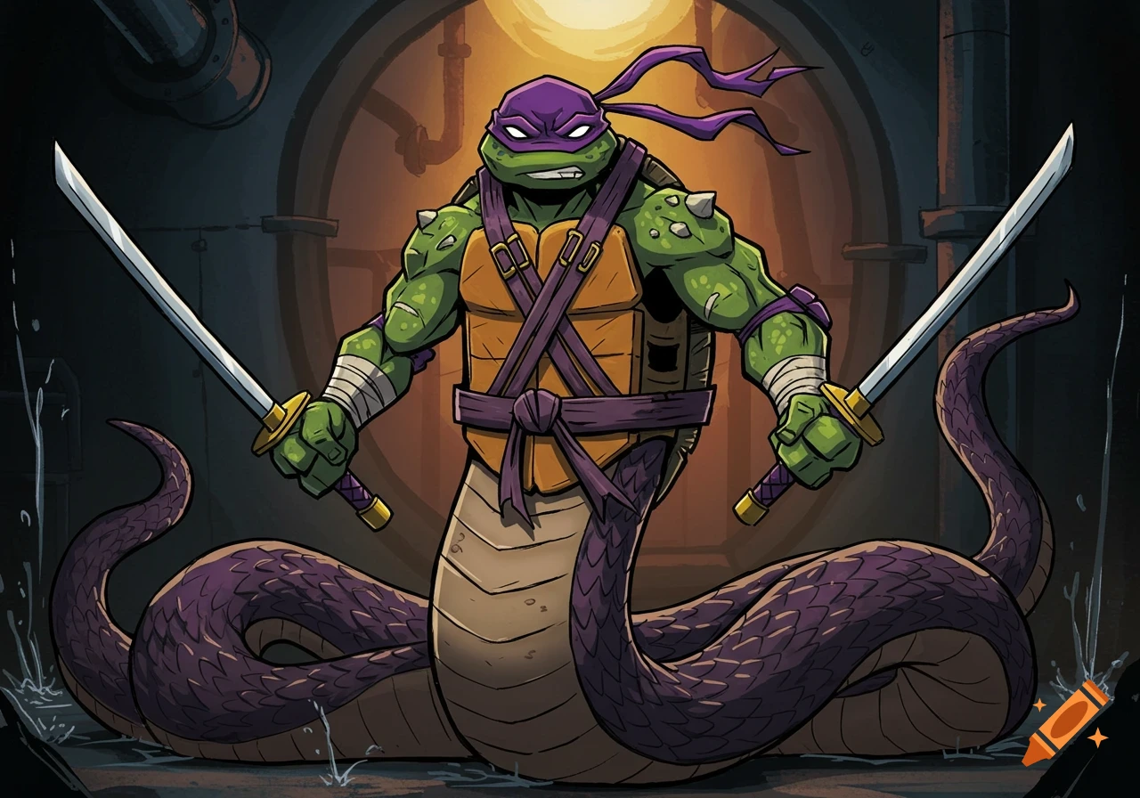 Mutated Donatello with a snake body, holding two swords in a sewer.
