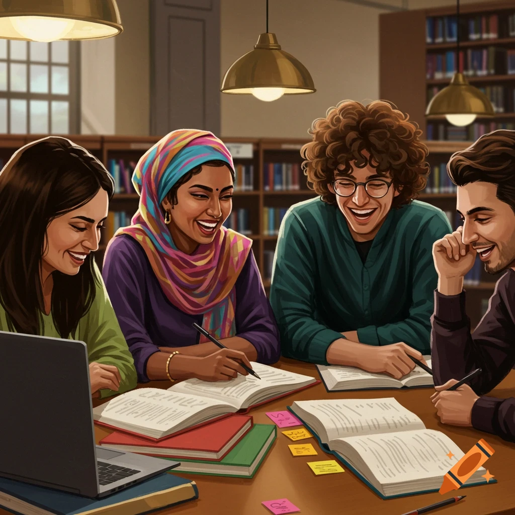 Four diverse students laughing and studying at a table in a library.