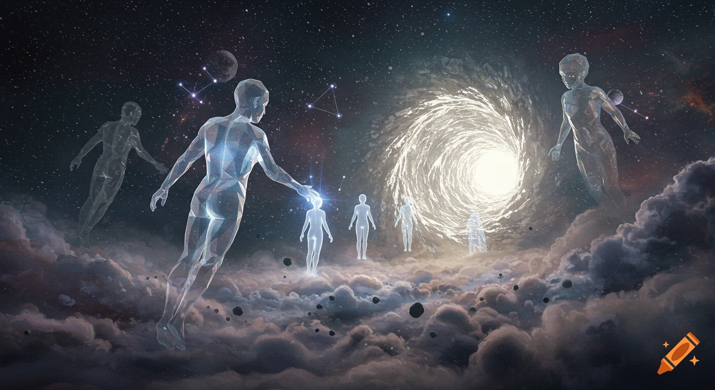 Translucent faceted figures float through cosmic mist towards a glowing vortex portal.