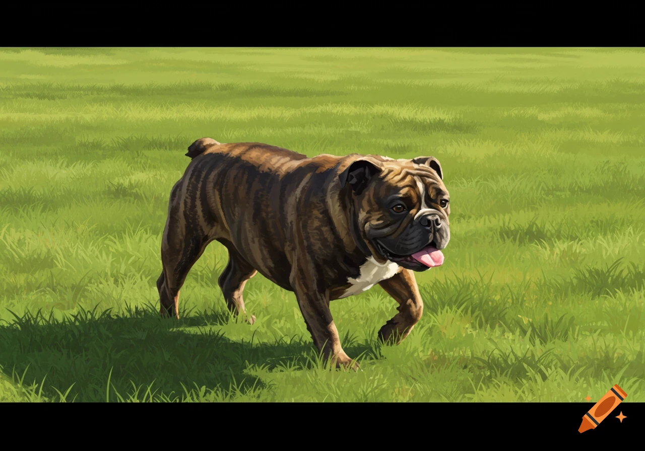 A brindle bulldog walking in a grassy field.
