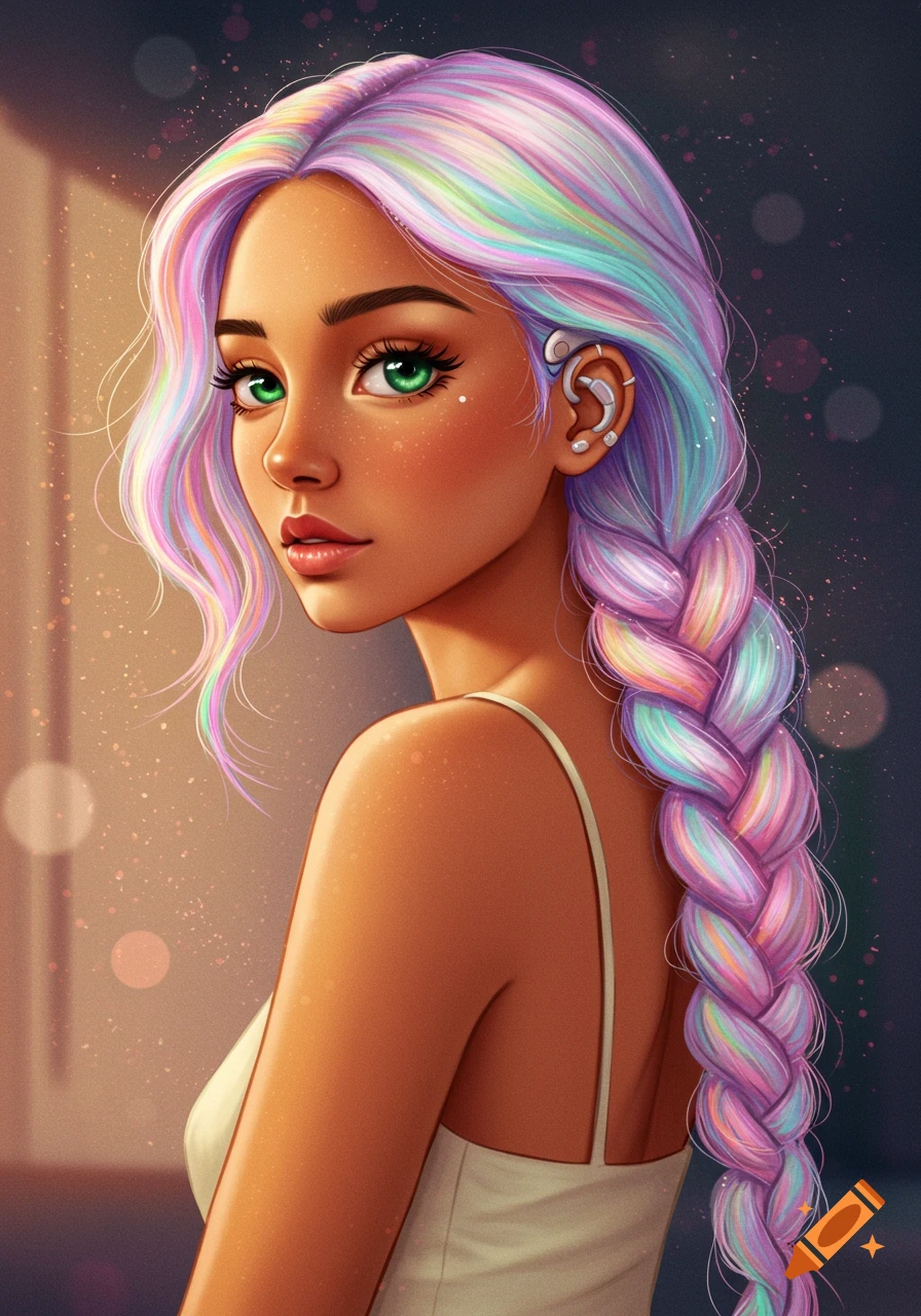 A woman with pastel rainbow hair, green eyes, and a cochlear implant, looking over her shoulder.