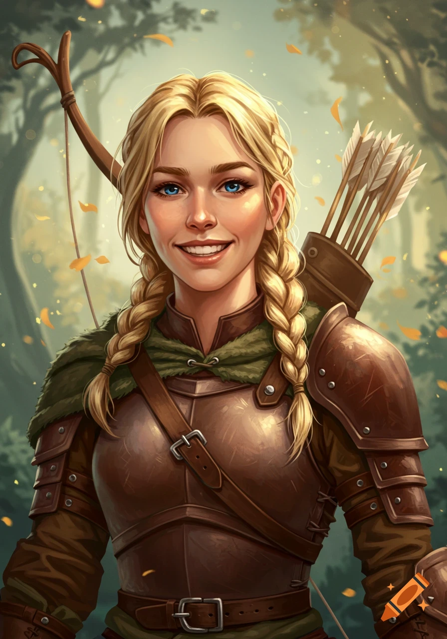 A smiling blonde woman in fantasy archer armor stands in a forest.