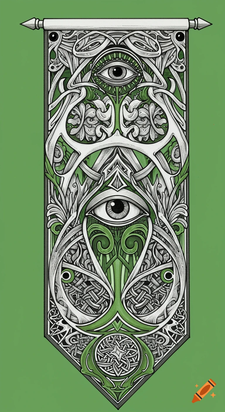 Stylized banner with eyes, Celtic knotwork, and leaves in green and white.