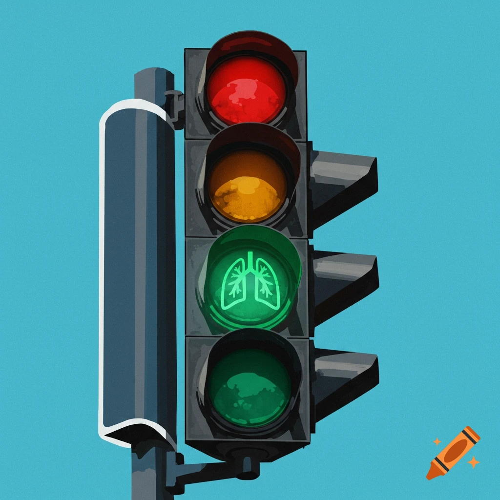 A traffic light with a green lung symbol