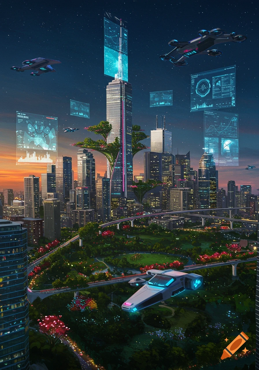 A futuristic cityscape at dusk with tall buildings, green parks, flying vehicles, and holographic screens.