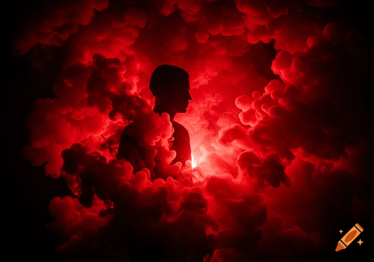 Silhouette of a person surrounded by red smoke.